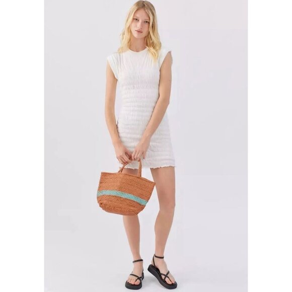 Urban Outfitters White Textured Ruched Mini Dress Size S Cap Sleeve - Picture 2 of 10